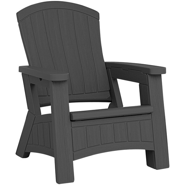 A gray Suncast resin Adirondack chair with armrests and storage space.
