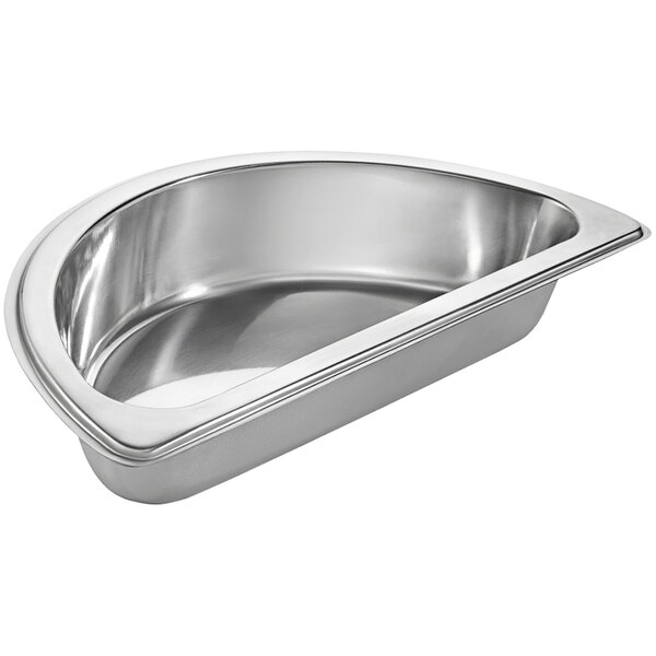 A Bon Chef stainless steel half circle food pan with a handle on a counter.