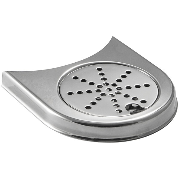 A silver stainless steel drip tray with holes.