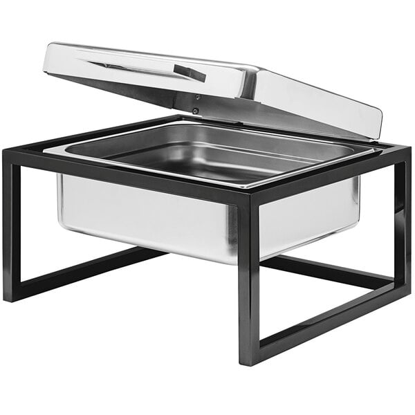 An Abert Cosmo stainless steel chafer with a black stand.