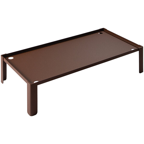 A brown metal buffet podium with legs.