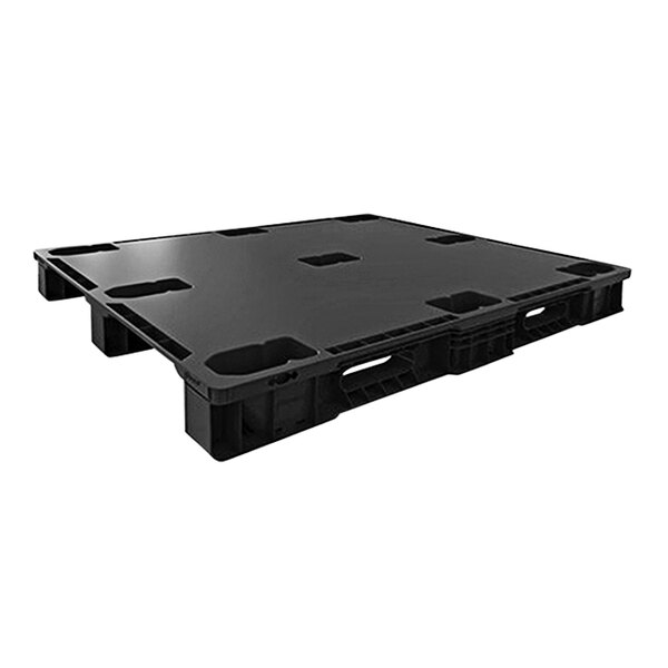 A black plastic Lavex pallet base with four compartments.