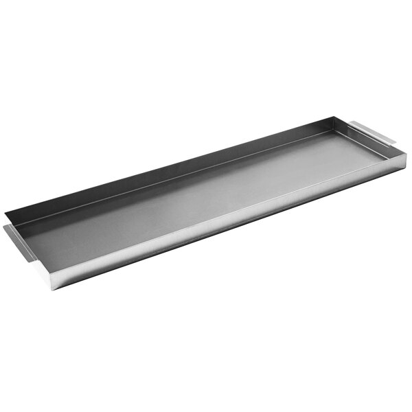 A stainless steel rectangular tray with handles.