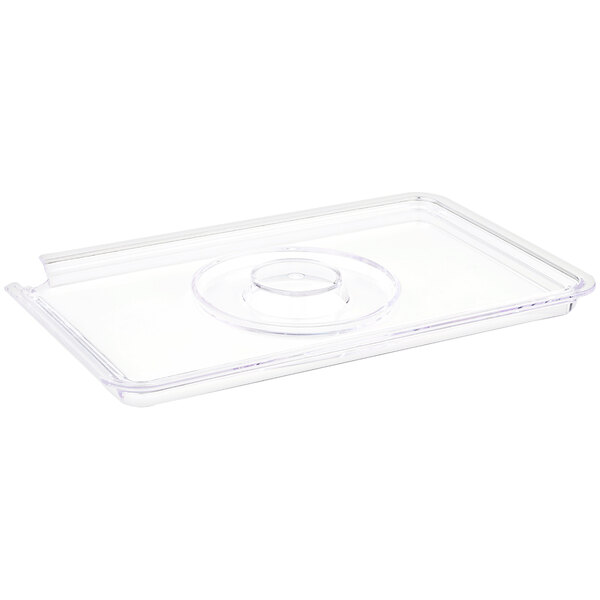A clear plastic container lid with a notch and handle.