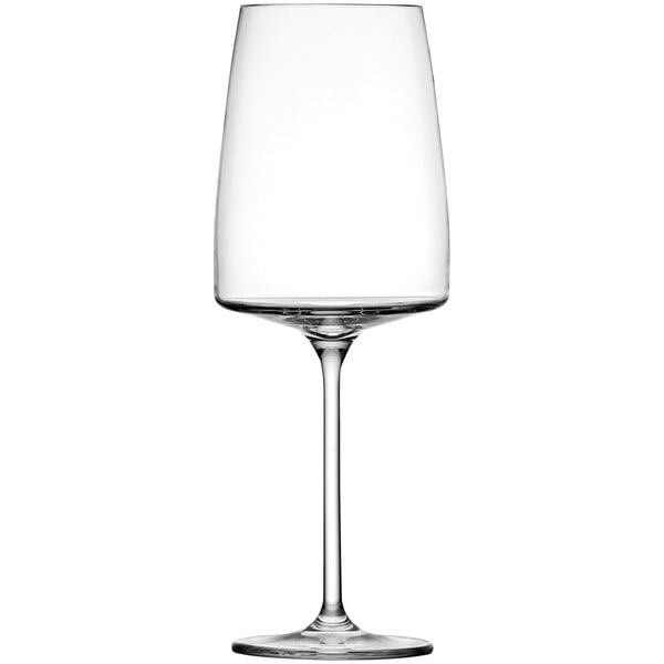 A close-up of a clear Schott Zwiesel Sensa red wine glass with a stem.