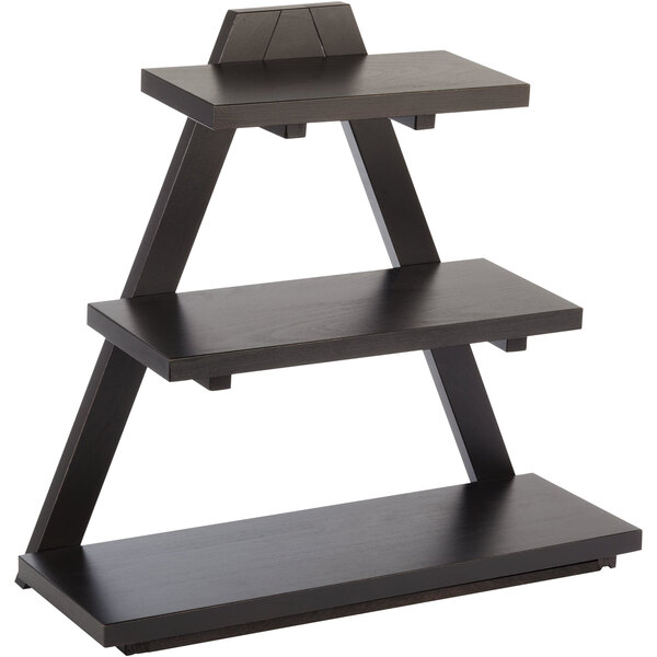 A black wood APS display stand with three shelves.