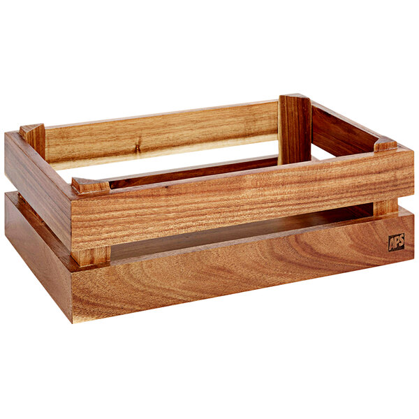 An APS light acacia wood display crate with two handles on a table.