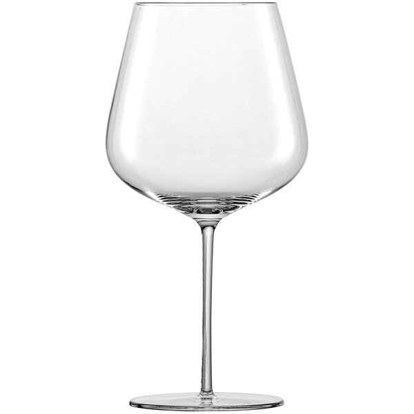 A close-up of a clear Schott Zwiesel Verbelle wine glass with a long stem.