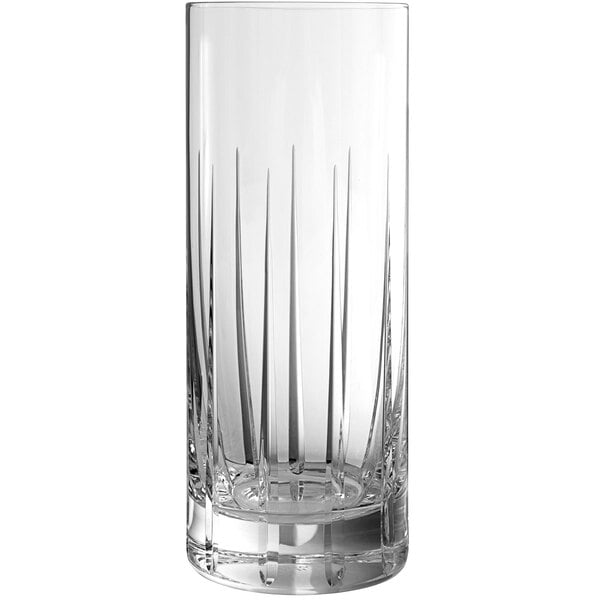 A close-up of a clear Schott Zwiesel Collins glass with a straight edge.