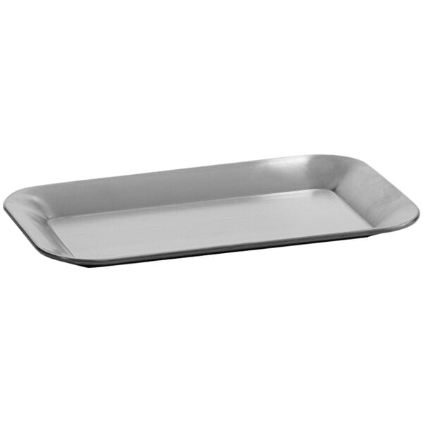 A silver rectangular stainless steel tray.