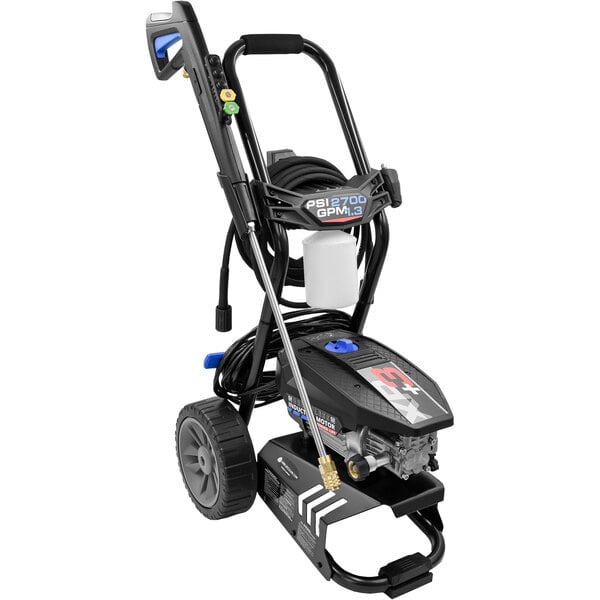 An AR Blue Clean pressure washer with a hose attached.