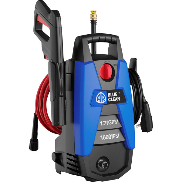 A close up of a blue and black AR North America Blue Clean electric pressure washer with a hose attached.