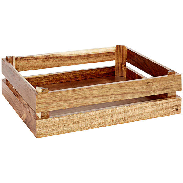 A light acacia wood crate with two shelves on it.