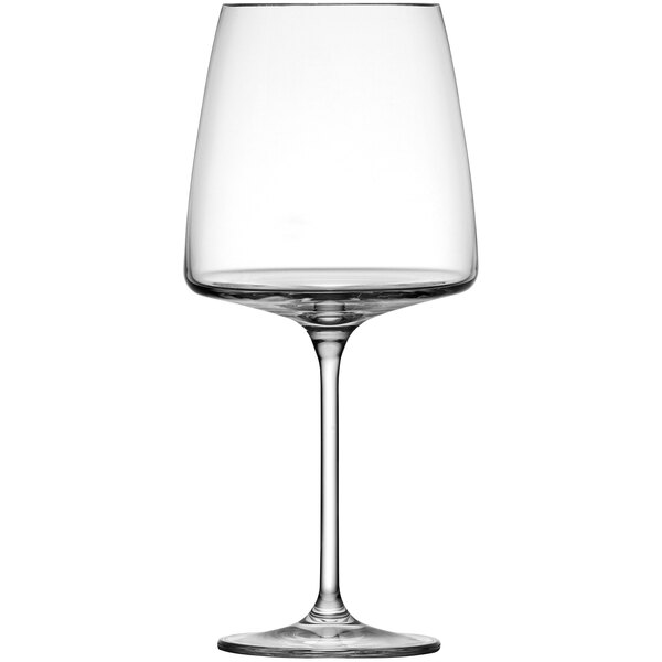 A close-up of a clear Schott Zwiesel Sensa wine glass with a stem.