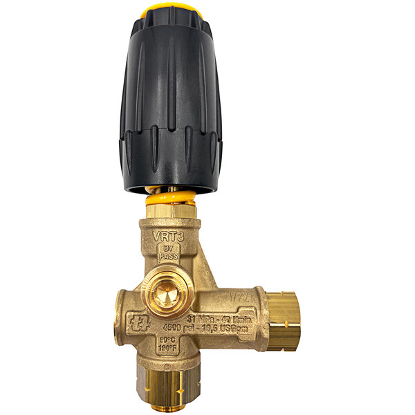 A gold AR North America pressure washer unloader valve with a black handle.