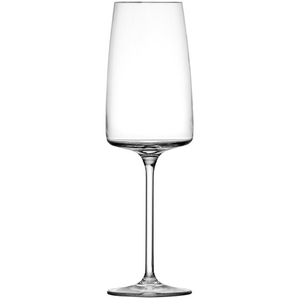 A close-up of a clear Schott Zwiesel Sensa flute wine glass with a long stem.