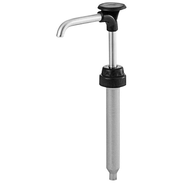 A silver and black Tractor Beverage Co. stainless steel pump with a black handle.