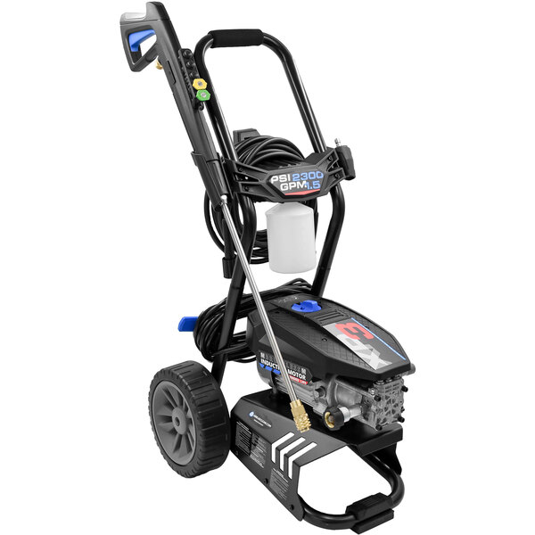 A black and blue AR North America Blue Clean MAXX electric pressure washer with a hose attached.