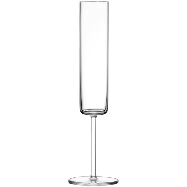 A clear Schott Zwiesel Modo flute glass with a long stem.