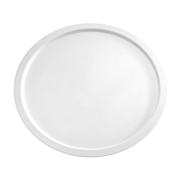 A white round melamine tray with a white border.