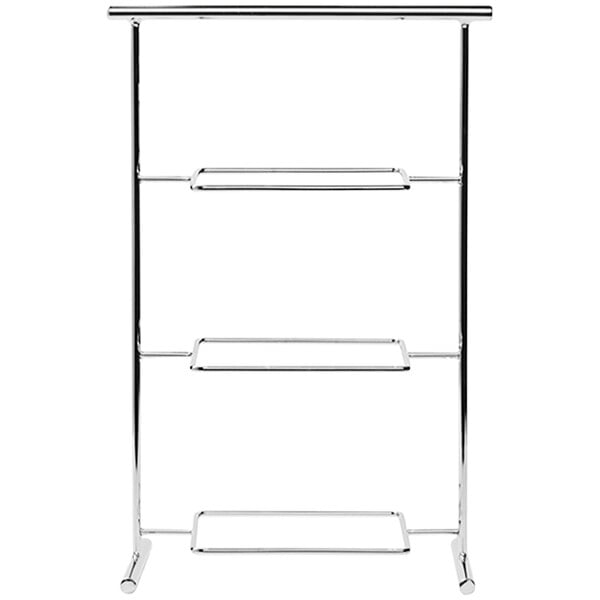 A chrome metal APS Pure 3-tier serving stand with three shelves.