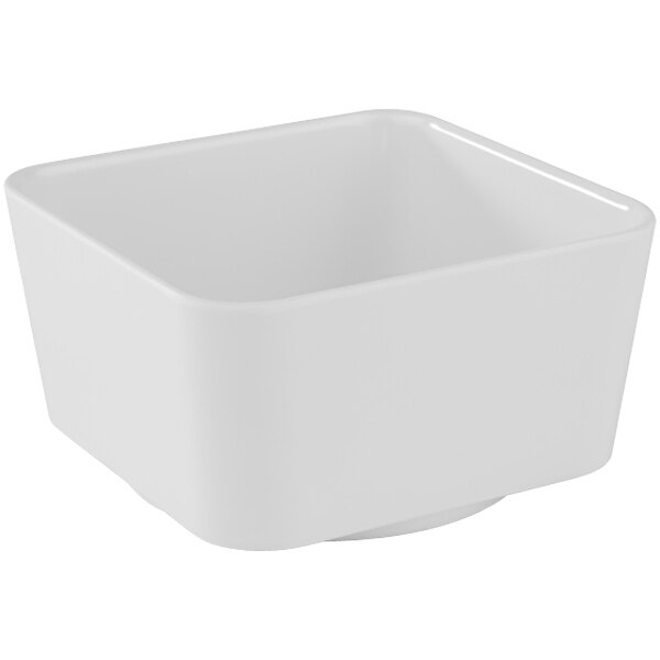 A white square APS Universal melamine bowl.