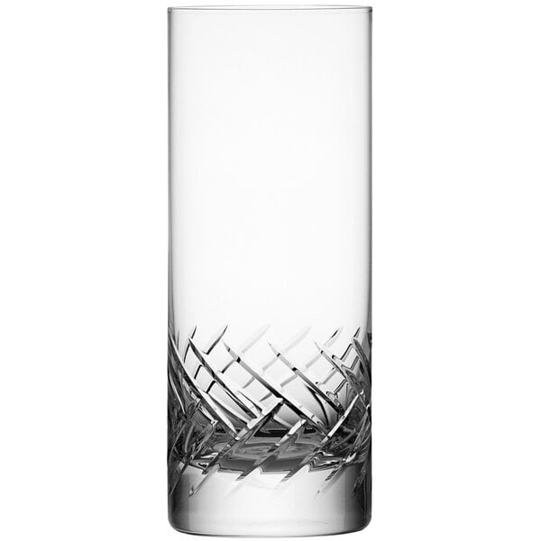 A close-up of a clear Schott Zwiesel Collins glass with a diamond pattern.