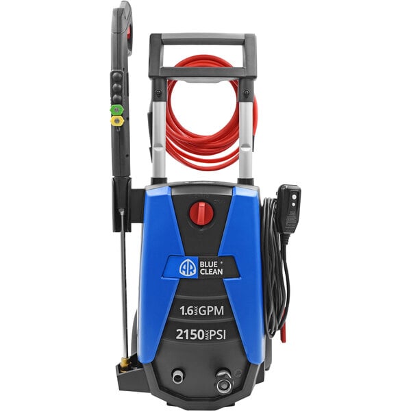 An AR North America Blue Clean pressure washer with a red hose.