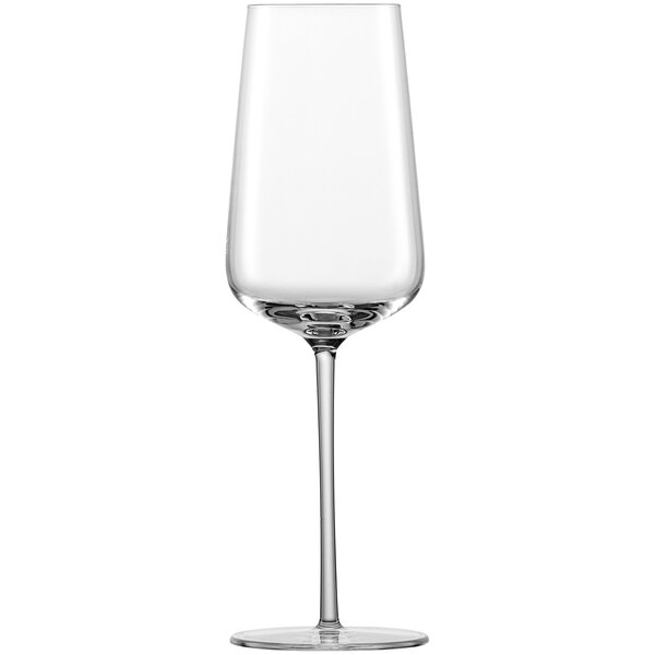 A close-up of a clear Schott Zwiesel Verbelle flute wine glass with a long stem.