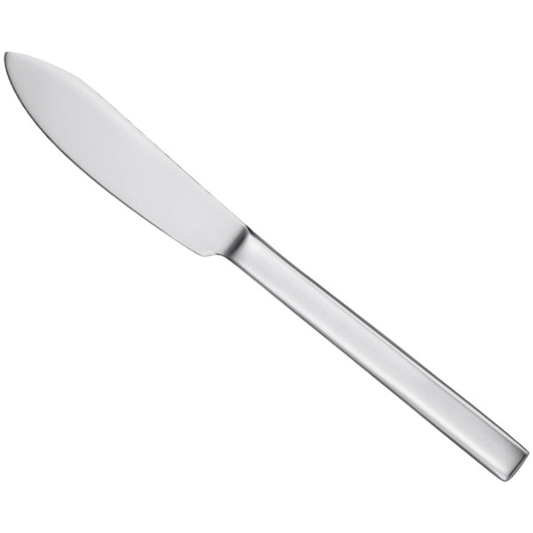 A silver butter knife with a long handle.