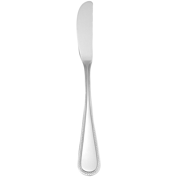 A Oneida Pearl by 1880 Hospitality stainless steel butter spreader with a white handle.