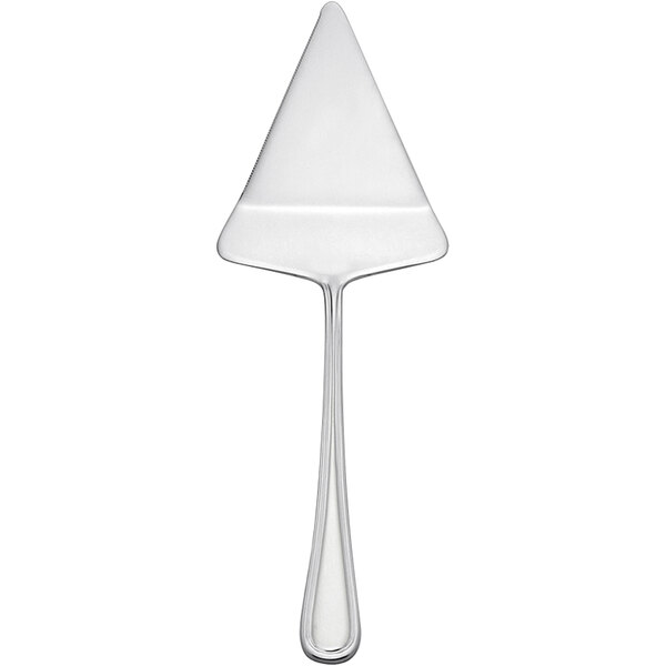 A silver cake server with a triangle handle.
