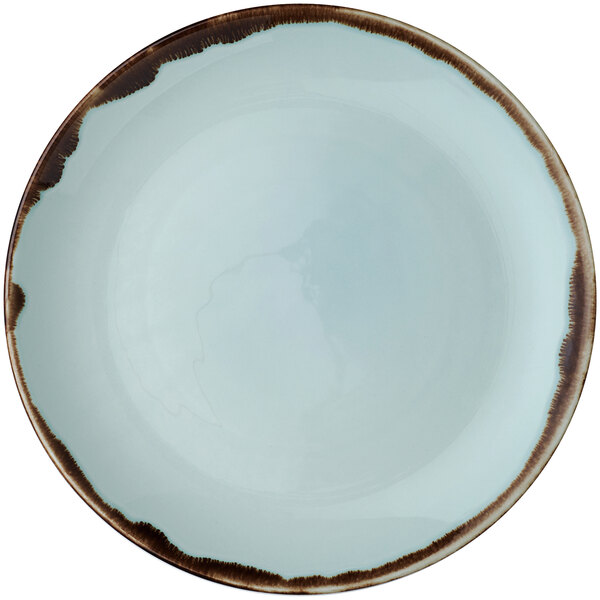 A white plate with brown edges.