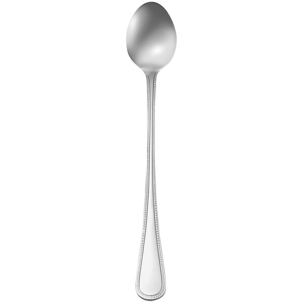 A Oneida Pearl iced tea spoon with a tall silver handle.