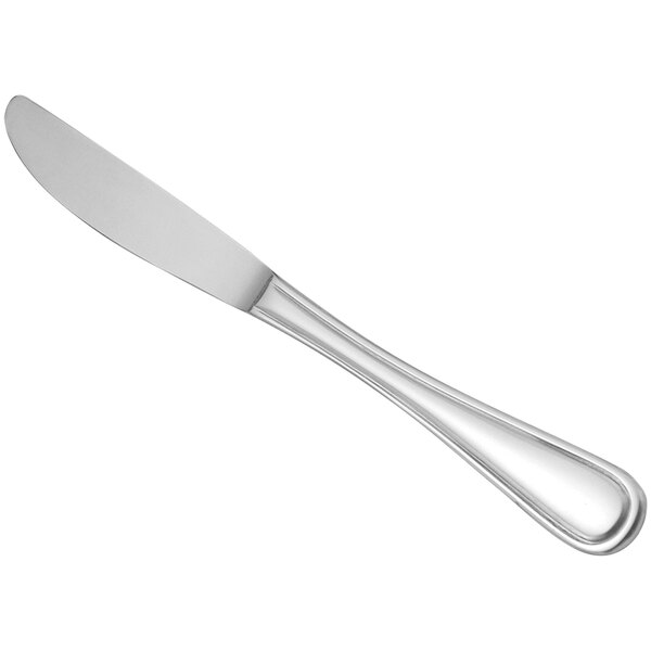An Oneida stainless steel dessert knife with a white handle.