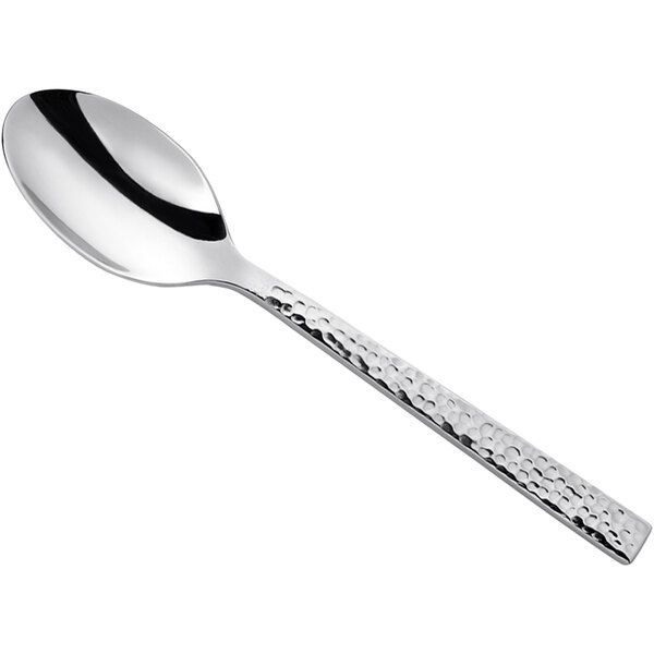 A Oneida stainless steel dessert/soup spoon with a hammered handle.