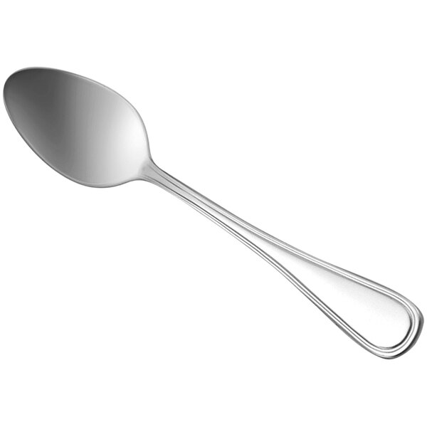 A Oneida New Rim II stainless steel teaspoon with a silver handle on a white background.