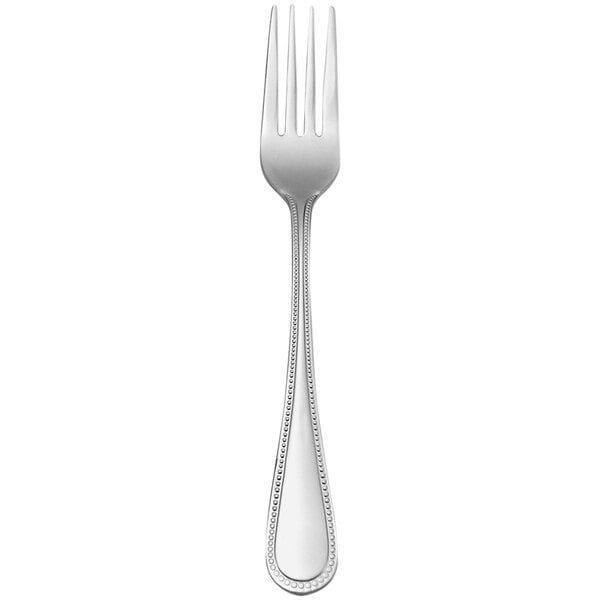 An Oneida Pearl 18/10 stainless steel dinner fork with a silver handle.