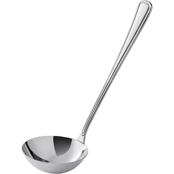 An Oneida 18/10 stainless steel soup ladle with a long handle.