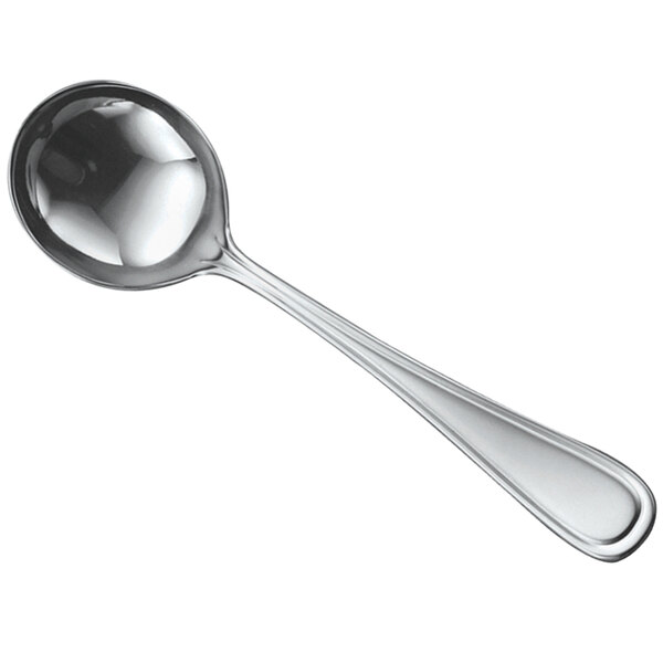 A close-up of a Oneida stainless steel round bowl soup spoon with a silver handle.