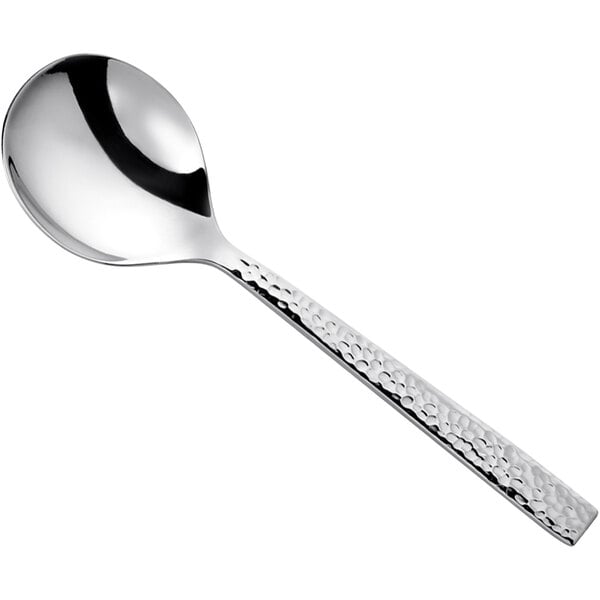 A Oneida stainless steel bouillon spoon with a hammered handle.