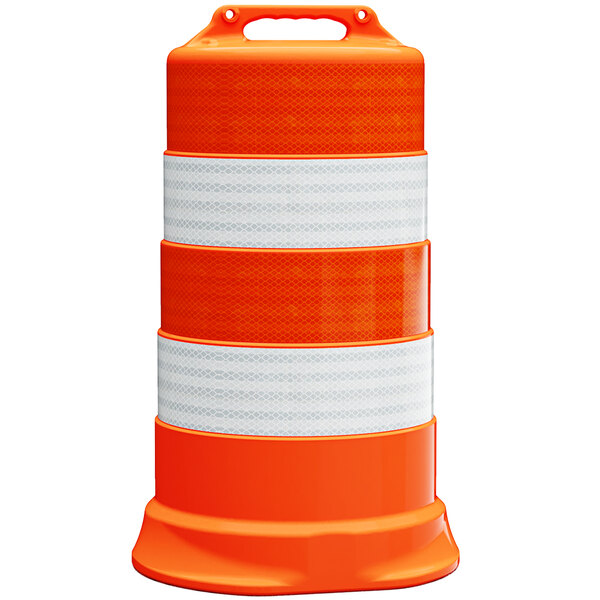A close up of an orange Plasticade traffic drum with white and orange prismatic stripes.