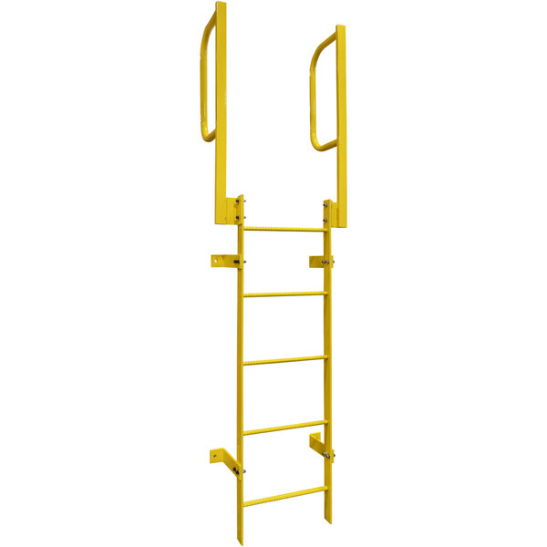 A Ballymore yellow steel ladder with walk-thru guardrails.