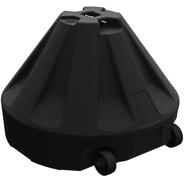 A black plastic container with wheels.