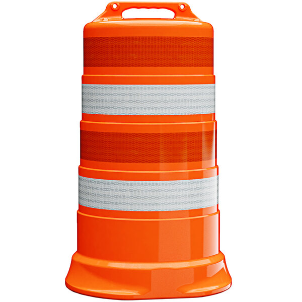 An orange Plasticade traffic drum with white prismatic grade sheeting strips.