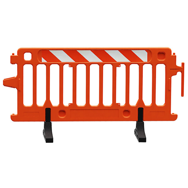 An orange and white Plasticade Crowdcade barricade with high intensity prismatic grade stripped sheeting on both sides.