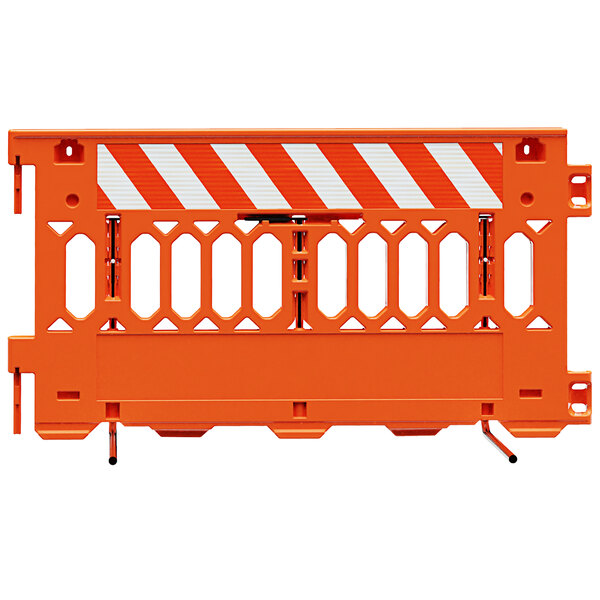 An orange Plasticade Pathcade barricade with white striped sheeting on one side.