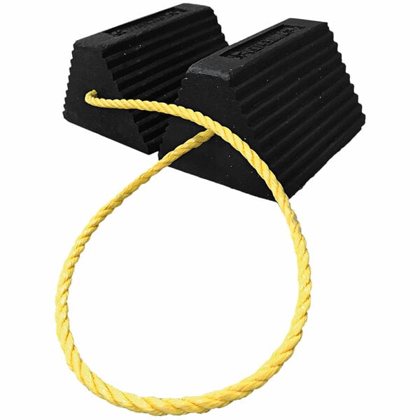 Two black Plasticade rubber wheel chocks with rope connections.
