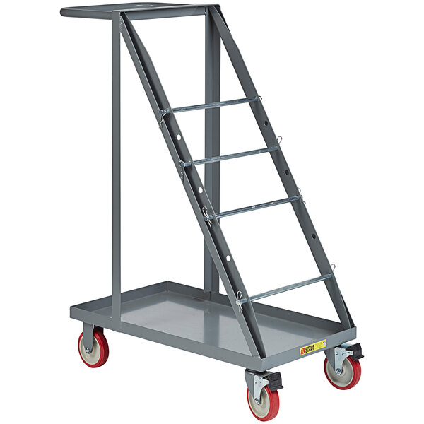 A gray Little Giant wire reel cart with red wheels.