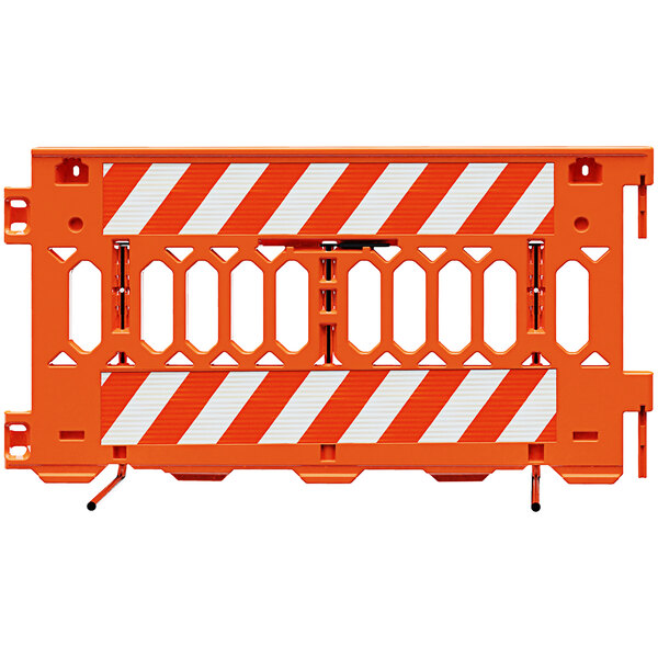 An orange Plasticade Pathcade barricade with white stripes on one side.
